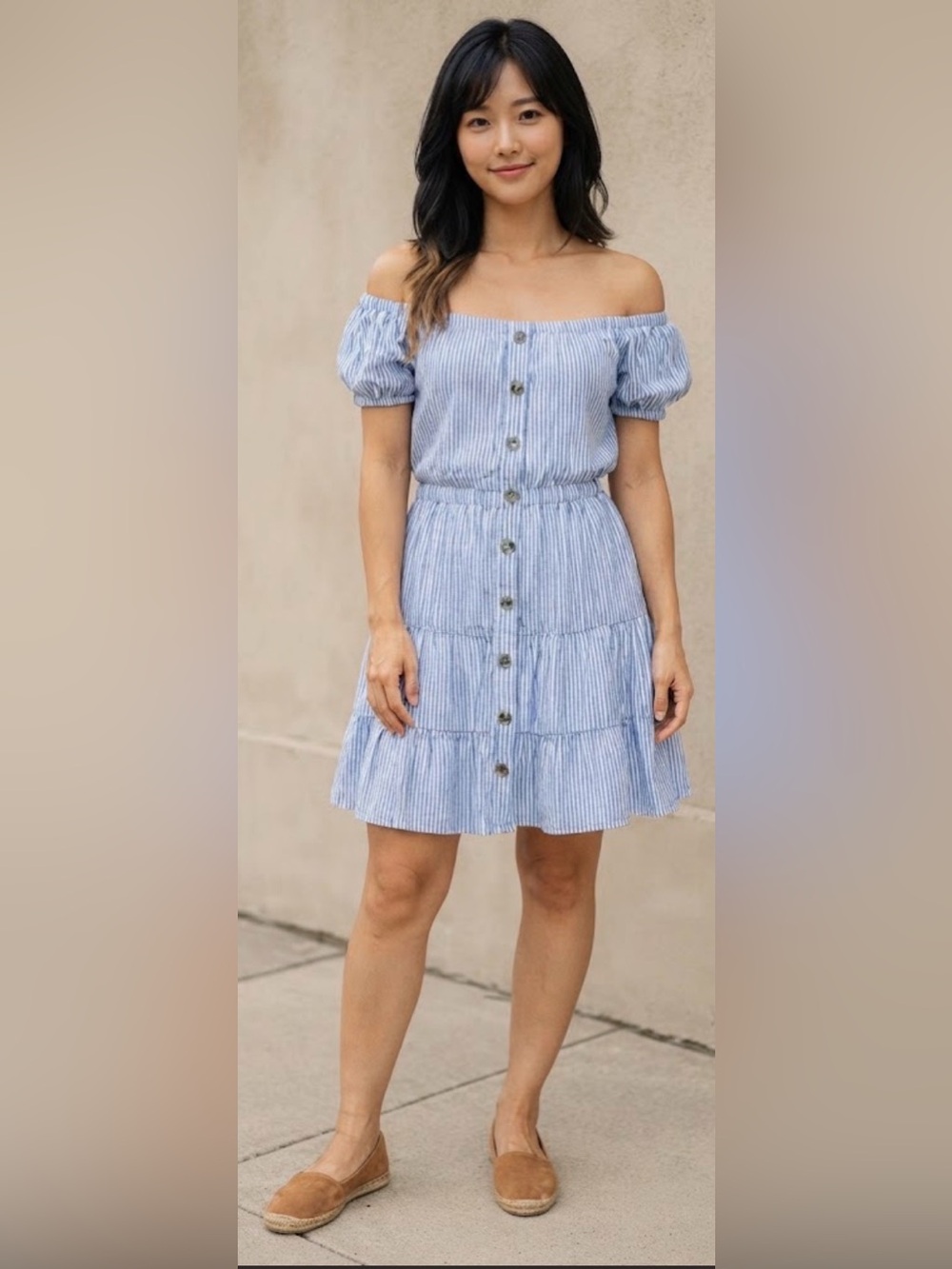 Elan Light Blue & White Striped Off-Shoulder Mini Dress